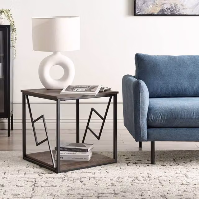 Wyld and Coco Home Industrial Side Table with Brown MDF Laminate Top and Black Metal Frame, W/D/H: 56 x 56 x 56 cm