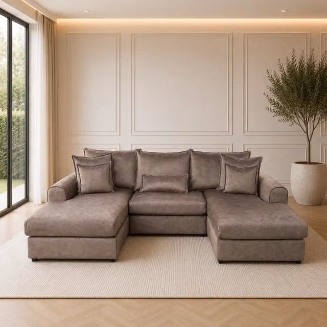 Home & Love Luxury Ariana U Shape Fixedback Upholstered Sofa in Dapple Chocolate Microfibre