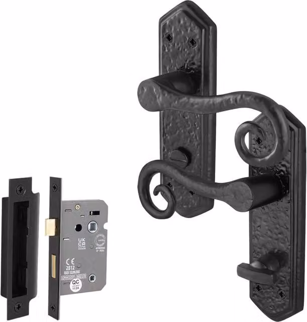 AFIT Black Antique Cast Iron Curly Tail Bathroom Door Handles and Lock, W/D/H: 15 x 15 x 2 cm – 1