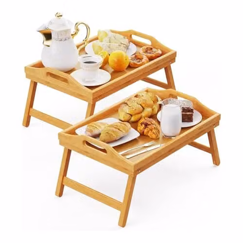 Mantraraj Bamboo Bed Tray Table Pack of 2 in Natural Brown with Foldable Legs and Handles – 1