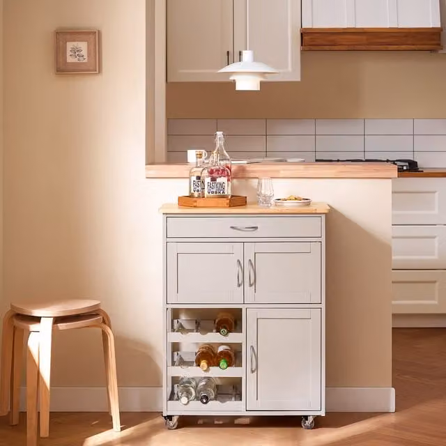 SoBuy Modern Kitchen Trolley Storage Cart with Wine Rack in Grey and White