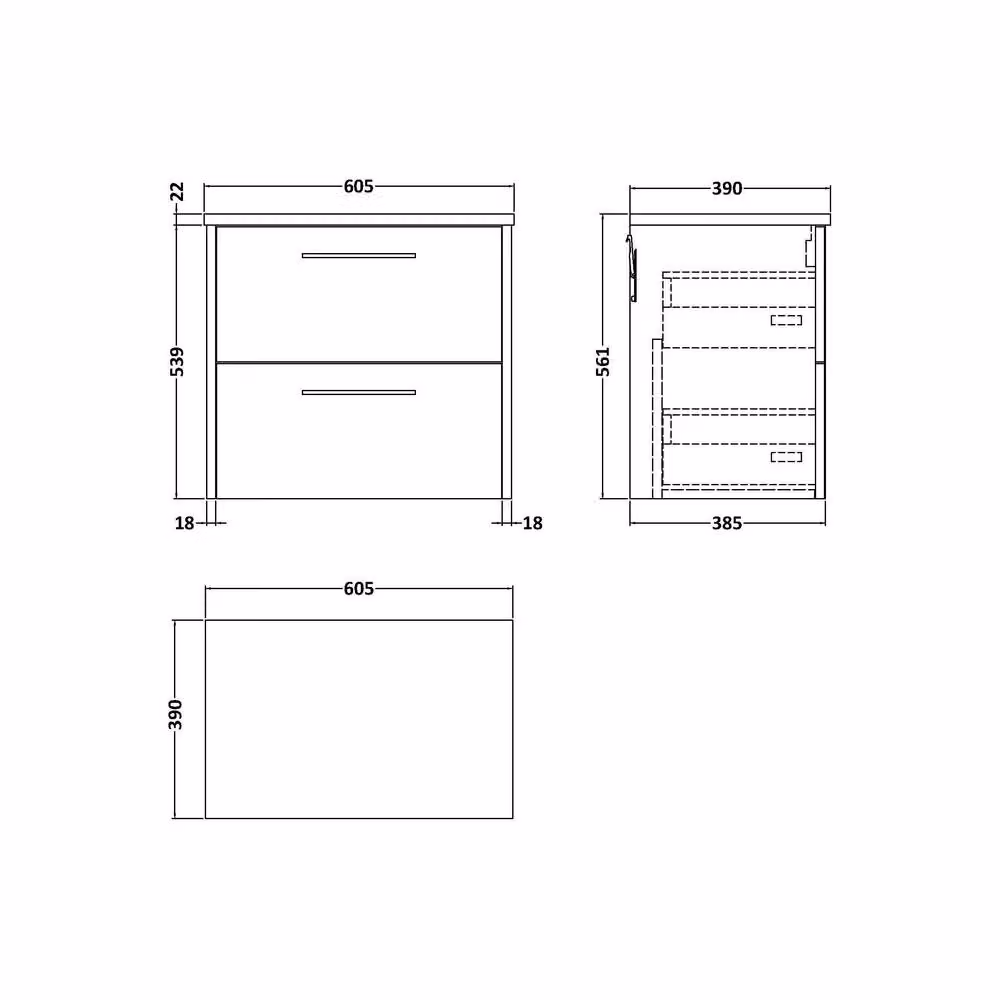 Balterley Winshill Contemporary 2 Drawer Wall Hung Vanity Unit, Grey, W: 60 cm, H: 56.1 cm – 2