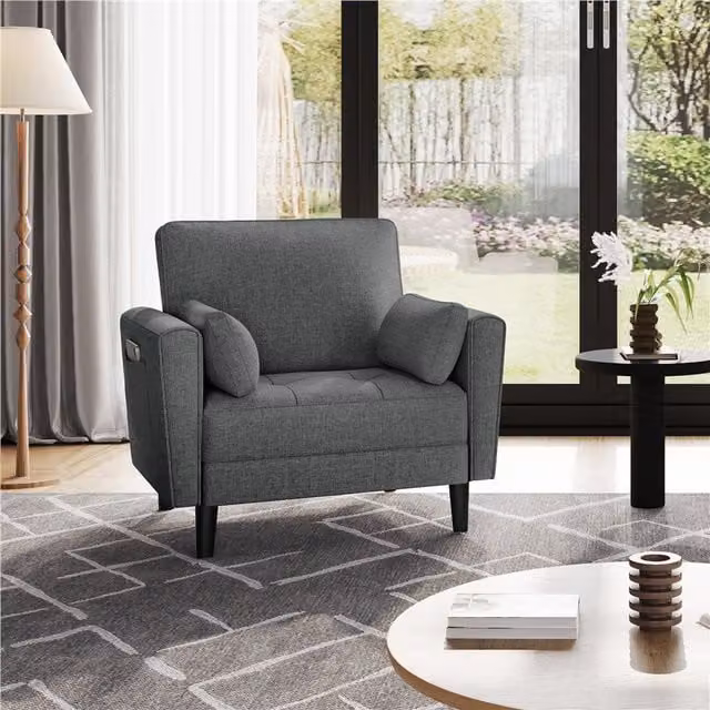 Yaheetech Modern Upholstered Armchair with Armrests and 2 Pillows, Grey Fabric