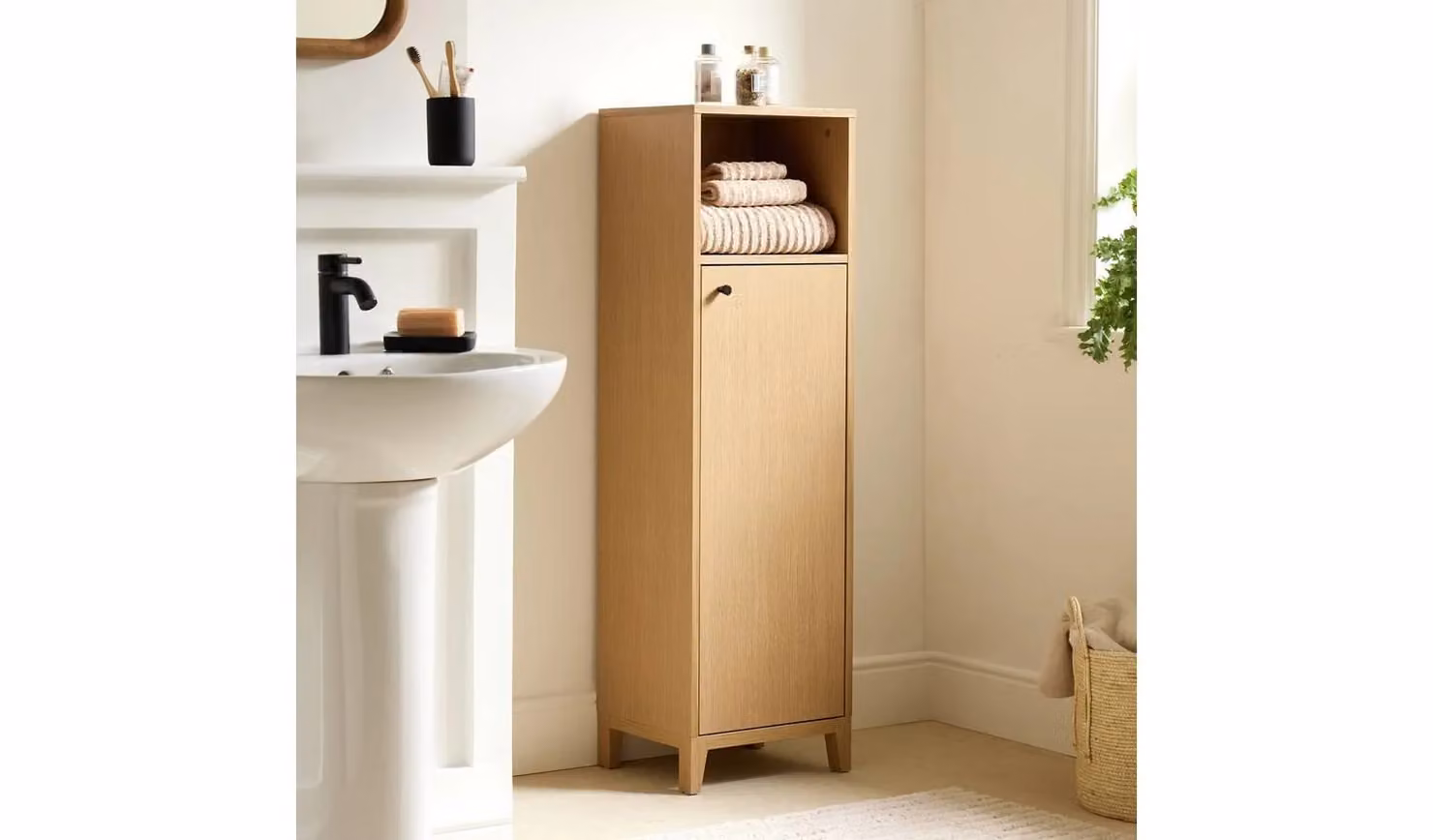 Herson Brown Oak Freestanding Bathroom Storage Cabinet with Adjustable Shelves and Open Shelf, W/D/H: 29.7 x 20.5 x 122.5 cm