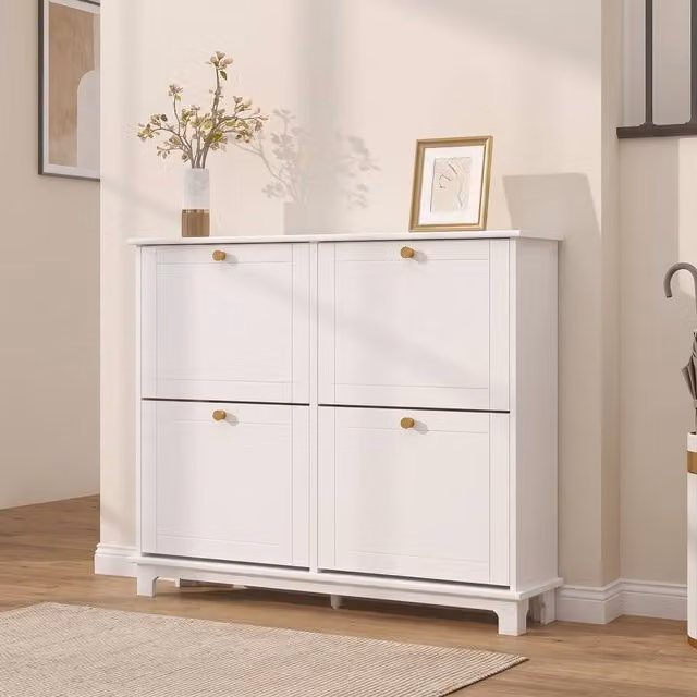 STILVORA Modern White Lacquered Shoe Cabinet with 4 Tilting Compartments and Gold Handles, W/D/H: 87.0 x 23.5 x 119.5 cm – 1