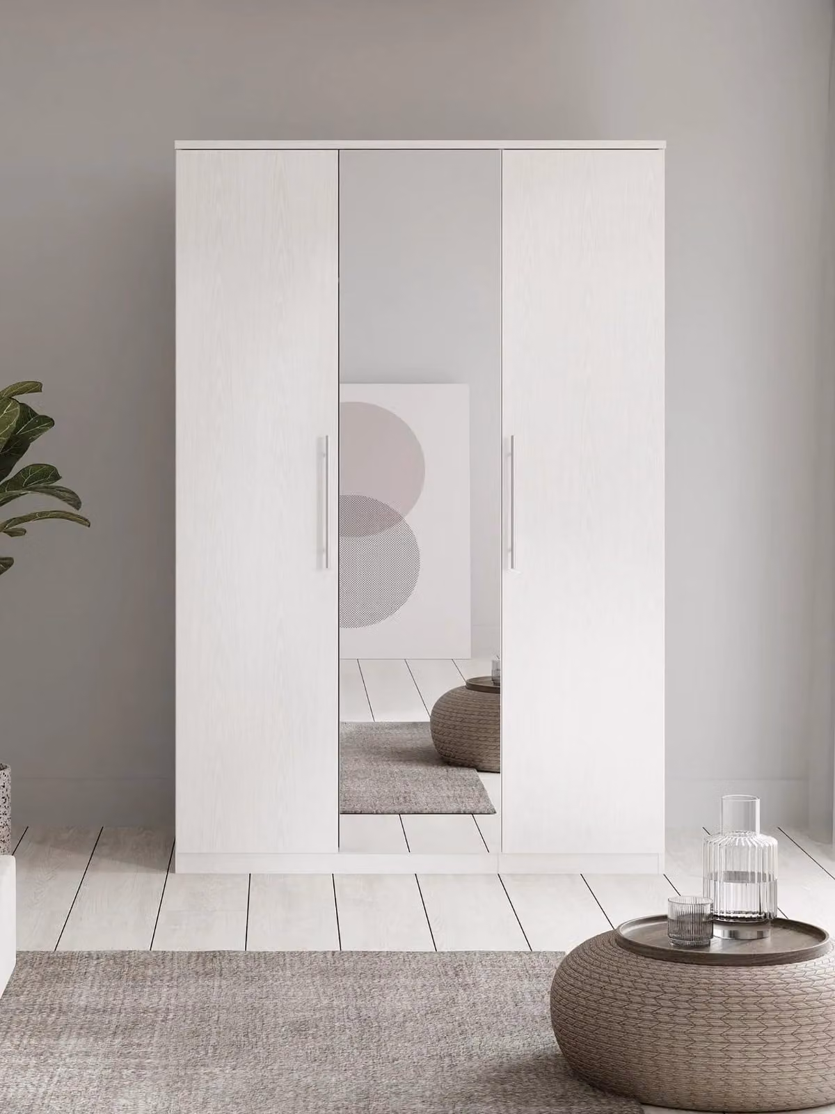 Cheap Furniture Warehouse Prague 3 Door Mirrored Wardrobe in White Modern Bedroom Storage W/D/H: 122 x 53 x 199 cm
