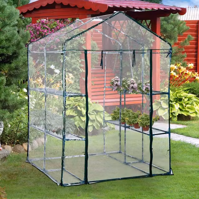 Outsunny Portable Walk In Greenhouse with 8 Shelves and Metal Frame, Transparent, Height: 143 cm – 1