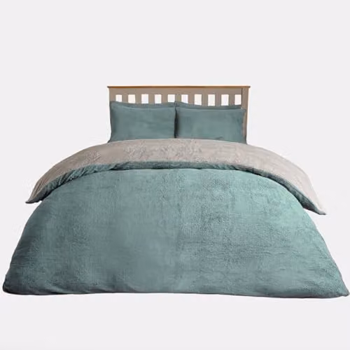 Brentfords Reversible Teddy Fleece Double Duvet Cover and Pillowcase Set in Blue and Grey, W/D/H: 200 x 200 cm – 3