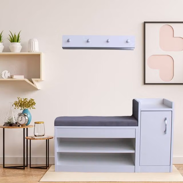NOVECRAFTO Modern Hall Tree with Shoe Rack Storage Bench and Wall Mounted Coat Stand, White and Grey, Width: 100 cm