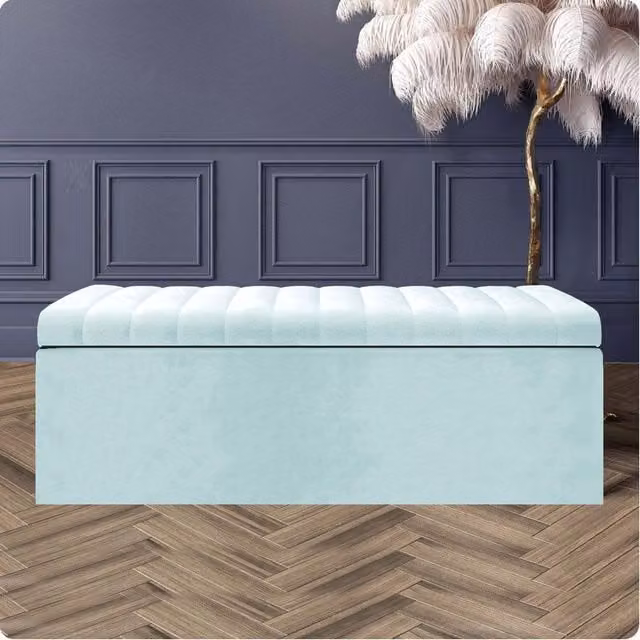 R&M Furnishers Safar Ottoman Storage Box, White Striped Plush Velvet Upholstered Blanket Chest and End of Bed Bench