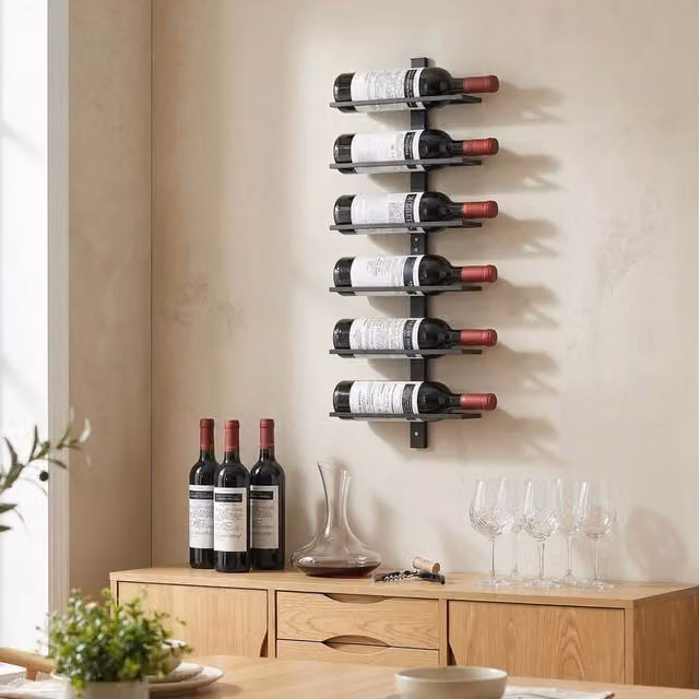 HOMCOM Matt Black Metal Wall Mounted Wine Rack for 6 Bottles