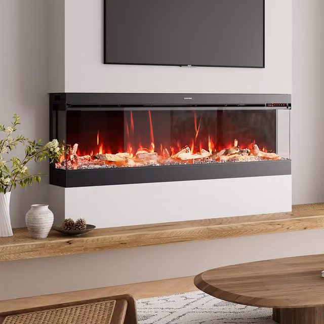 Livingandhome Black Glass Electric Fireplace with WiFi App Control, W: 150 cm