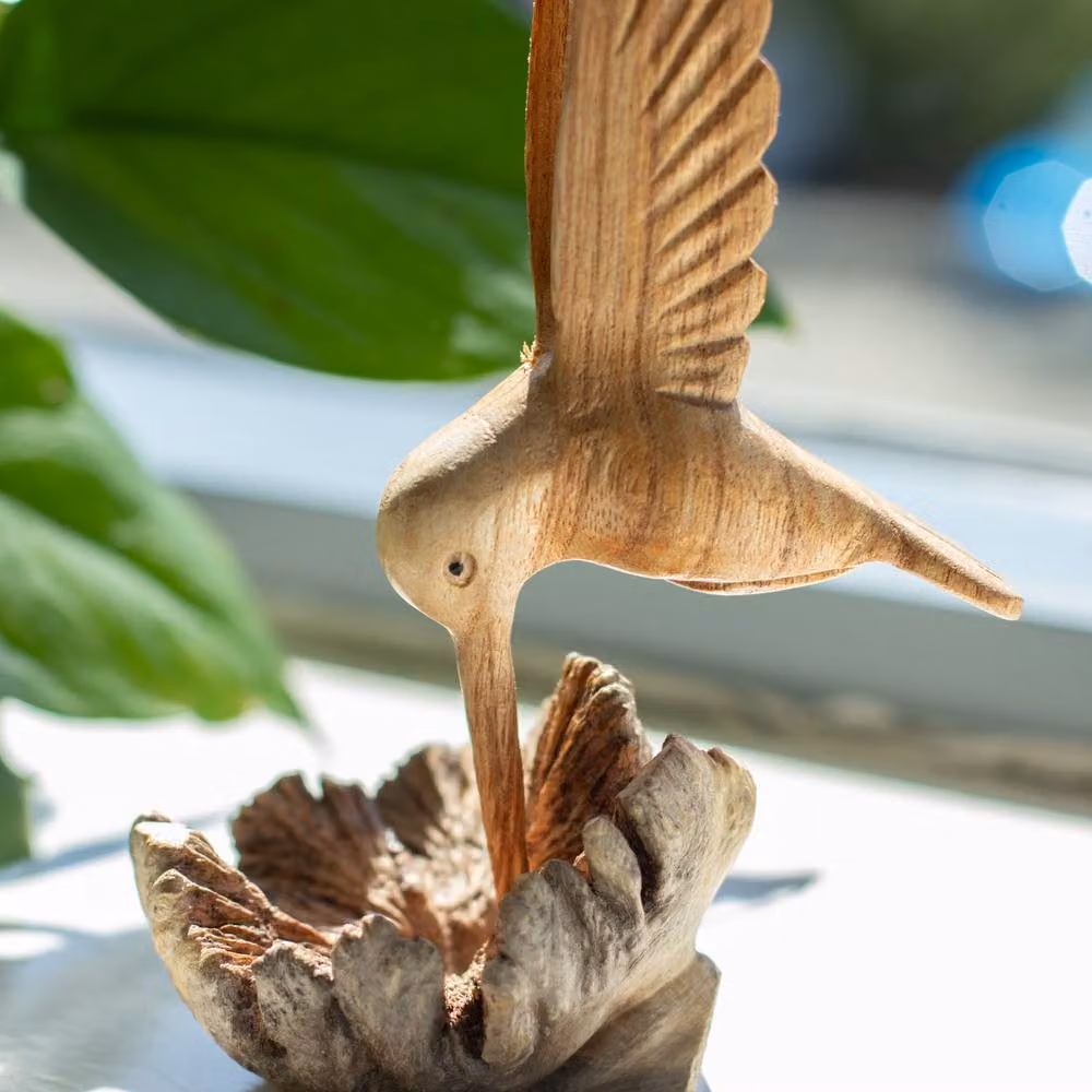Serenityy Handmade Natural Wood Carved Hummingbird Tabletop Ornament in Brown – 4