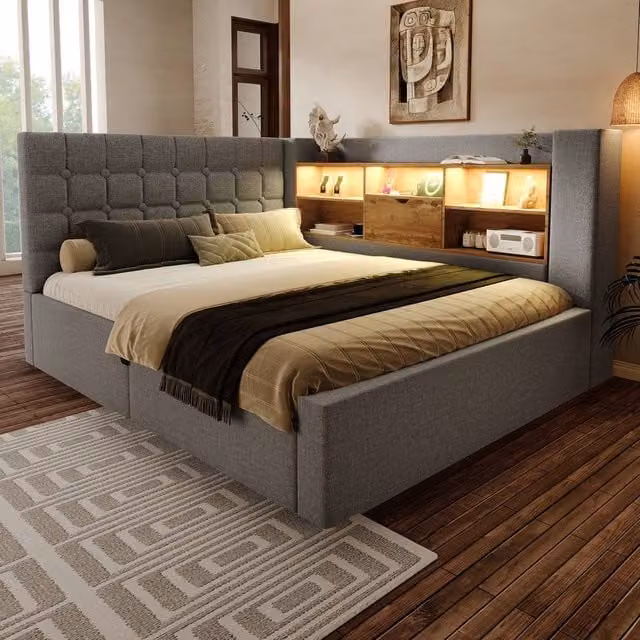 Rolipo Grey Upholstered Double Daybed Ottoman Storage Bed with LED Lighting and USB Ports, W/D/H: 140 x 200 cm