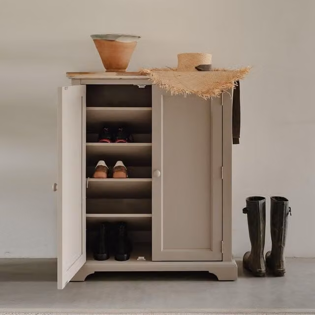 Florence Shoe Storage Cabinet by Statement Furniture in Brown and Yellow Acacia Wood, H 110 cm x W 90.5 cm x D 36 cm