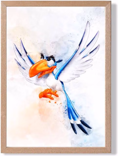 ARTZE Zazu Watercolour Lion King Framed Print in Bright Blue with Oak Frame, A2