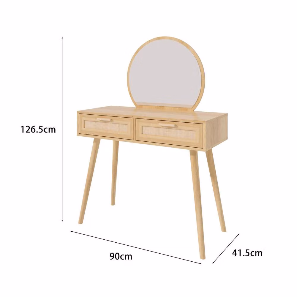 Home Source Dressing Table with Circular Mirror and 2 Rattan Front Drawers in Natural Sand – 3