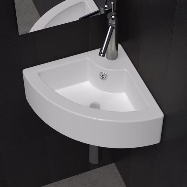 Berkfield Home White Ceramic Corner Wash Basin with Overflow W: 45 cm, D: 32 cm, H: 12.5 cm
