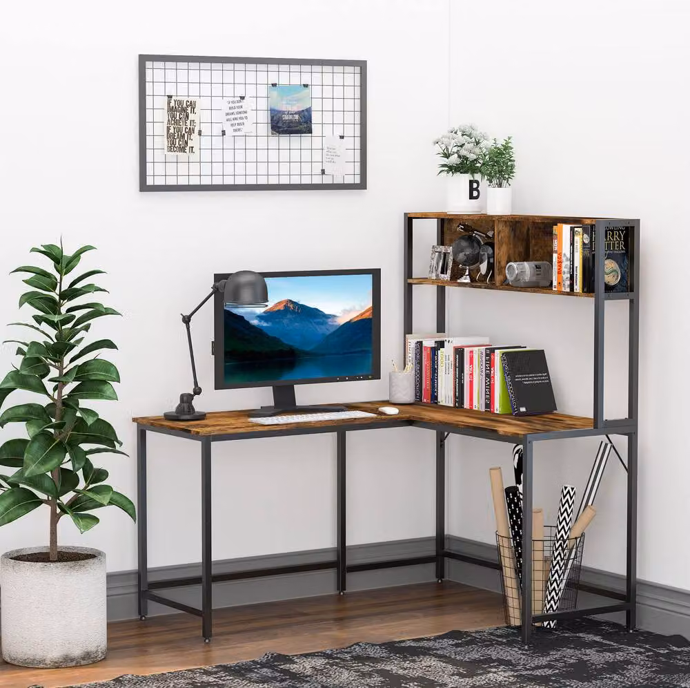 STILVORA L-Shaped Corner Desk with Storage Shelf and Steel Frame in Brown – 2