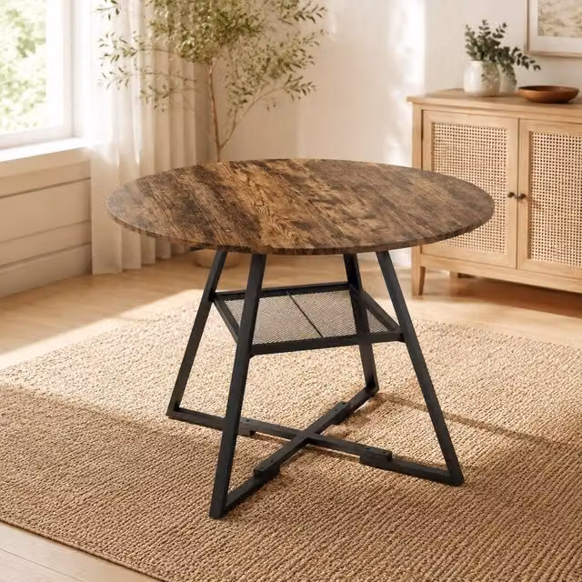STILVORA Round Industrial Dining Table for 4 with Storage Shelf in Brown and Black – 1