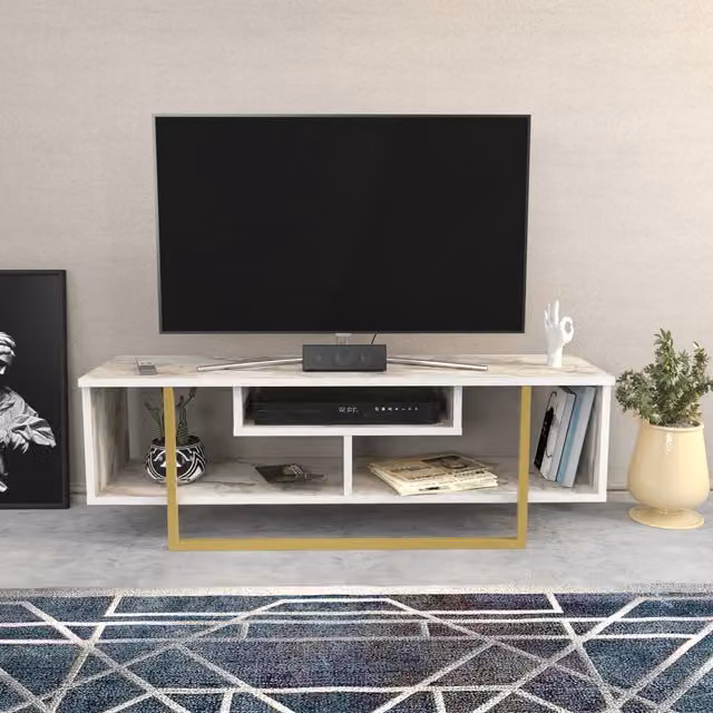 Asal Minimalist TV Unit in White Marble Effect and Gold, Width: 120 cm
