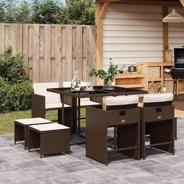 Berkfield Home 9 Piece Brown Poly Rattan Garden Dining Set with Cushions – 1