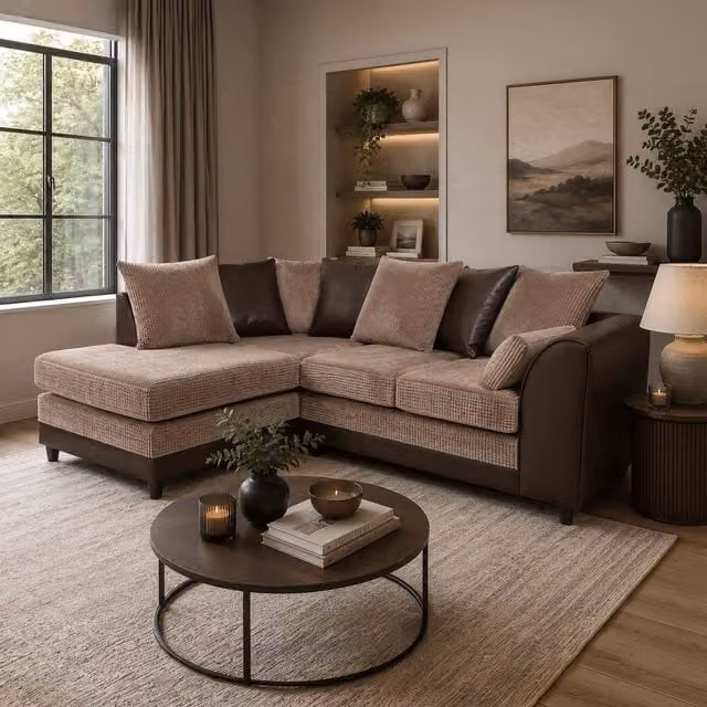 Furnishings For Less UK Luca 3-4 Seater L Shaped Corner Sofa in Brown and Beige with Fabric and Synthetic Leather Trim, Left Hand Facing