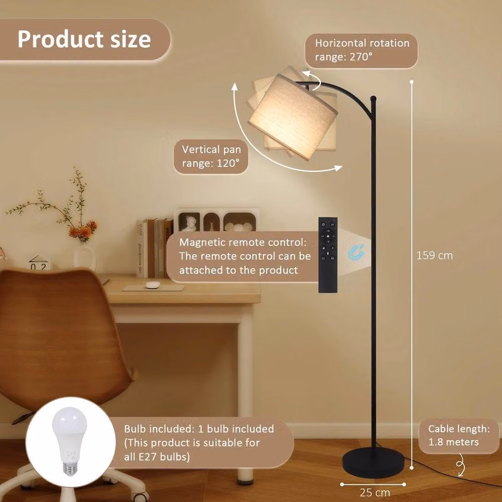 Kelvenix Black Floor Lamp with Linen Shade and Remote Control, H 159 cm – 2