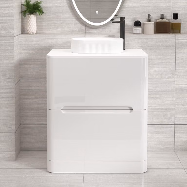 Royal Bathrooms Venice 700mm Gloss White Floor Standing 2 Drawer Vanity Unit with Plain White Worktop and Lyon Basin