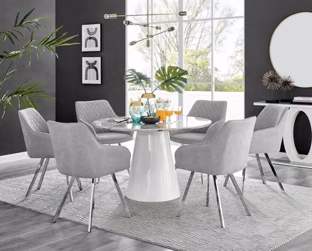 Furniturebox Palma White Marble Effect Round Dining Table and 6 Falun Silver Leg Chairs in Light Grey
