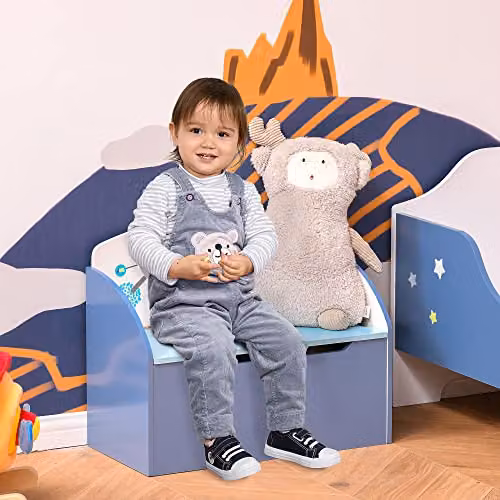 HOMCOM Kids Wooden Toy Box Storage Bench with Soft Close Lid in Blue, W/D/H: 50 x 30 x 30 cm – 2
