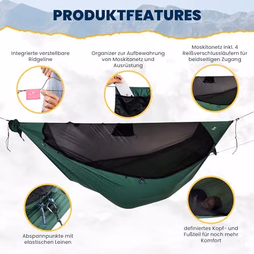 Ticket to the Moon Lightest Pro Hammock with Insect Protection and Integrated Ridgeline, Dark Green – 13