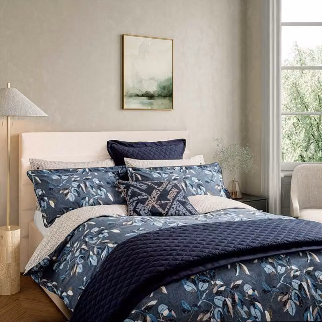 Bedeck of Belfast Albany Reversible Floral Cotton Percale Duvet Cover and Pillowcase Set, Blue, 200 x 200 cm