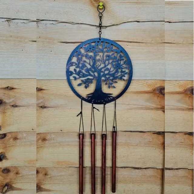 Rustic Tree of Life Hanging Metal Windchime Garden Decoration with Leaves, Bronze Effect, W: 16 cm, H: 45 cm