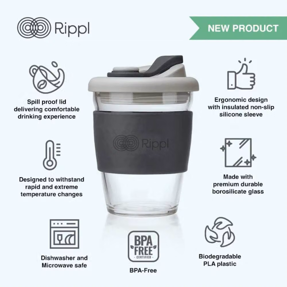 Kennett Rippl Glass Coffee Cup with Silicone Lid and Spill-Proof Design, Grey, 340ml – 2