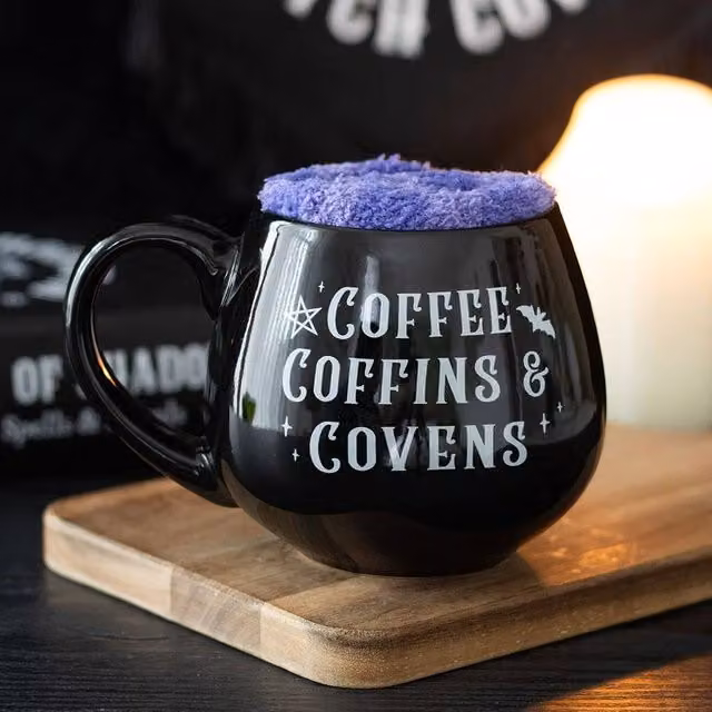 Uniqueful Coffee, Coffins and Covens Mug and Socks Set in Black and Purple, 450ml