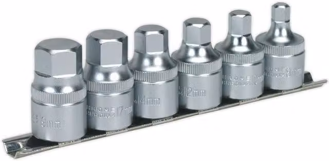 Loops 6pc Stubby Hex Key Socket Bit Set, 1/2 inch Square Drive, S2 Steel, Silver