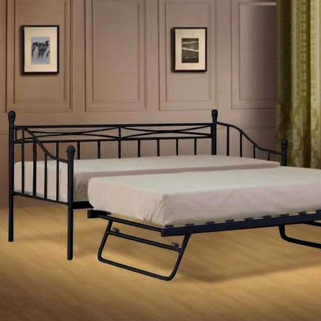 Comfy Living Black Metal Day Bed with Trundle, Single, 90 x 190 cm