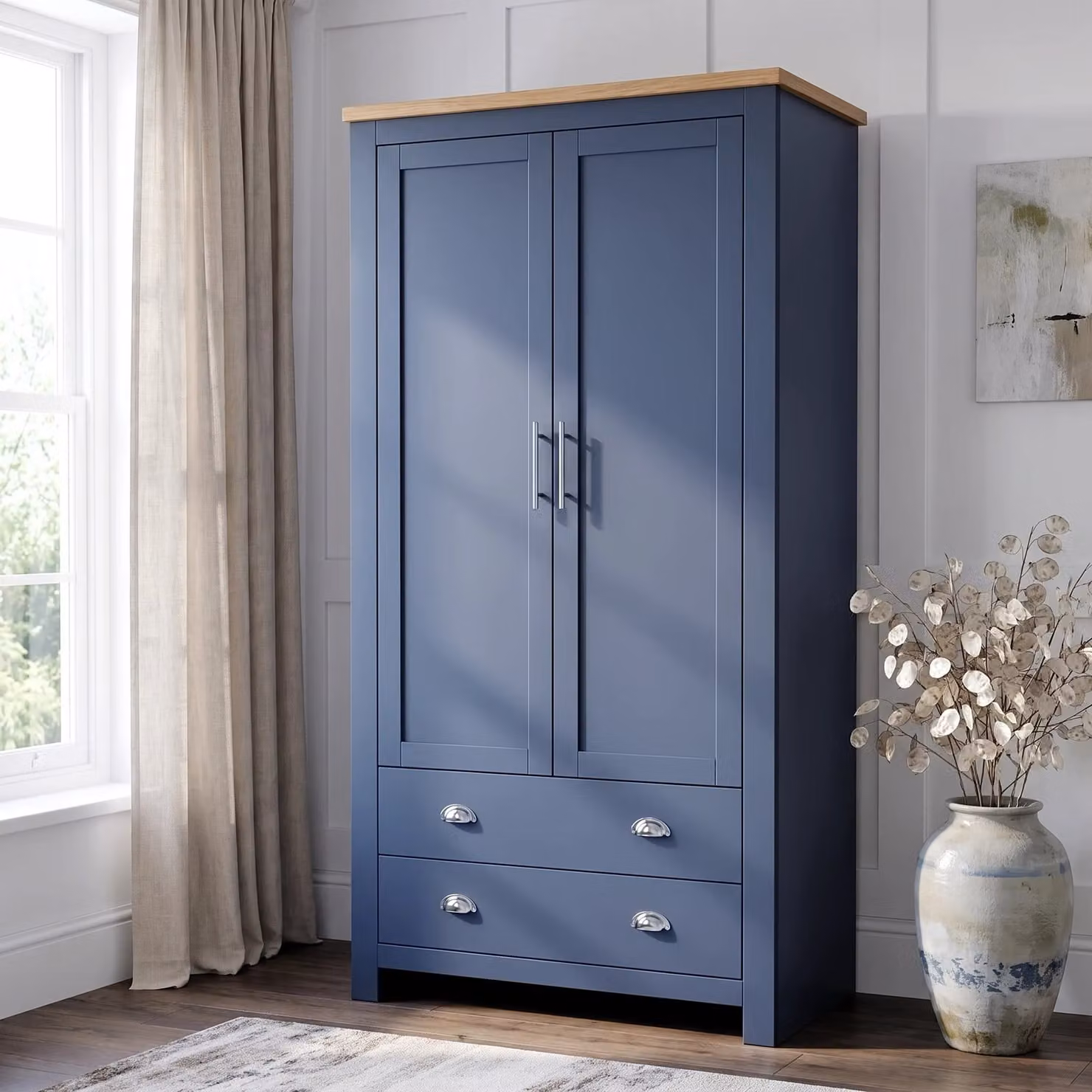 DHS Shaker Double Wardrobe with Internal Drawers and Hanging Space in Blue, H 180 x W 104 x D 52 cm