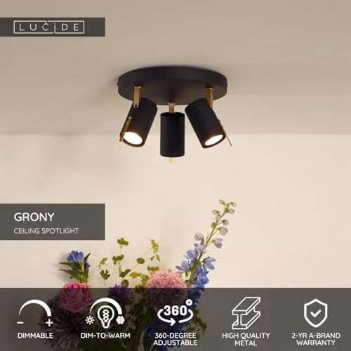 Lucide Grony Dimmable and Adjustable LED Ceiling Spotlight GU10 in Black and Gold/Brass – 2