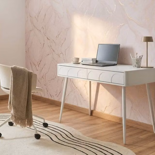 Wyld and Coco White Writing Desk with 2 Push-to-Open Drawers, W: 120 cm, D: 60 cm