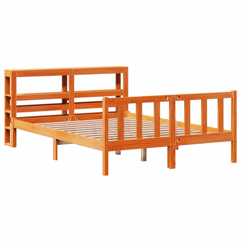 Berkfield Home Double Bed Frame with Headboard and Side Compartments in Wax Brown Solid Pine Wood, W/D/H: 135 x 190 cm – 2