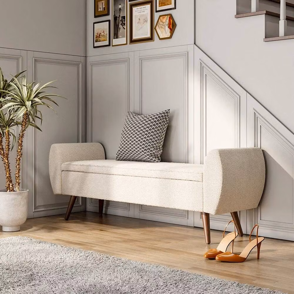 KORVIXA Beige Linen Fabric Upholstered Pouffe Storage Bench W/D/H: 100 x 100 x 55 cm – 2