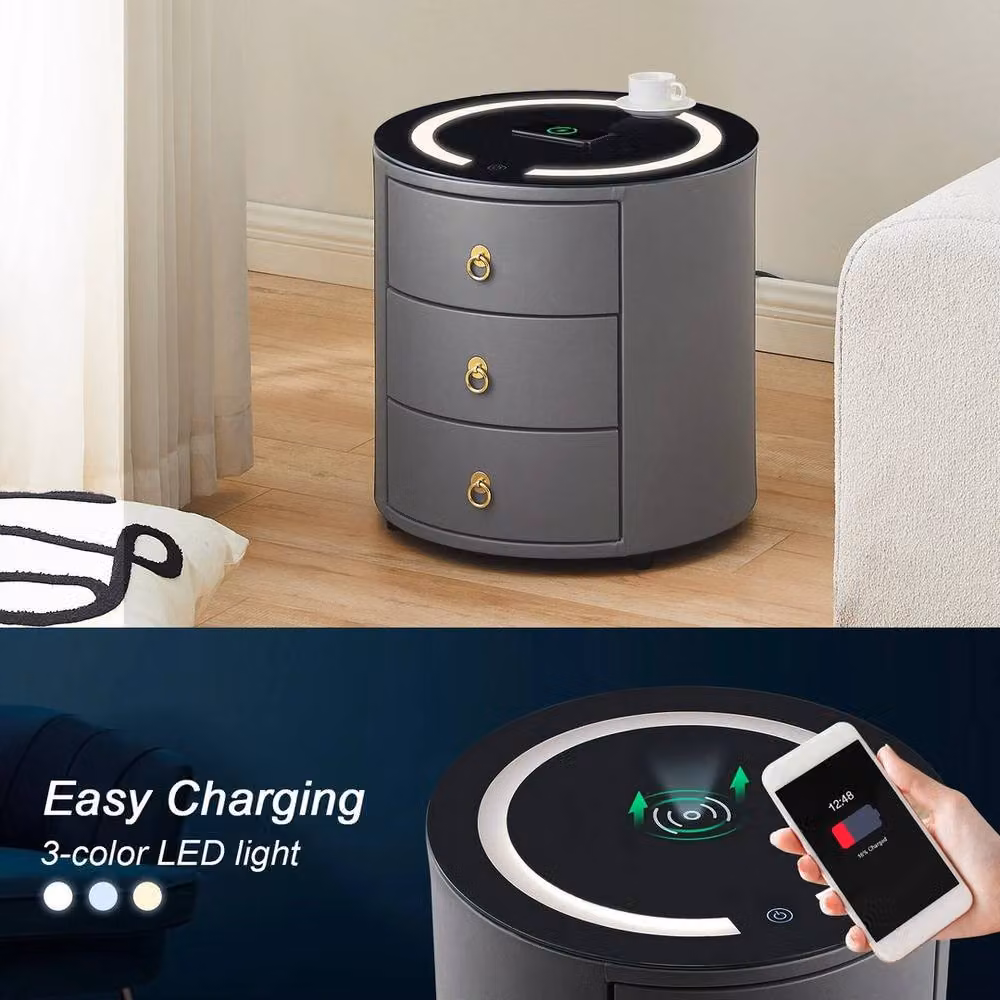 FLAVORA Modern 3 Drawer Bedside Table with LED Lighting and Wireless Charging in Black and Grey – 5