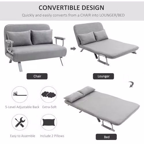 HOMCOM 2 Seater Click Clack Sofa Bed in Grey, Modern Microfibre Upholstered Convertible Settee with 2 Scatter Cushions – 3