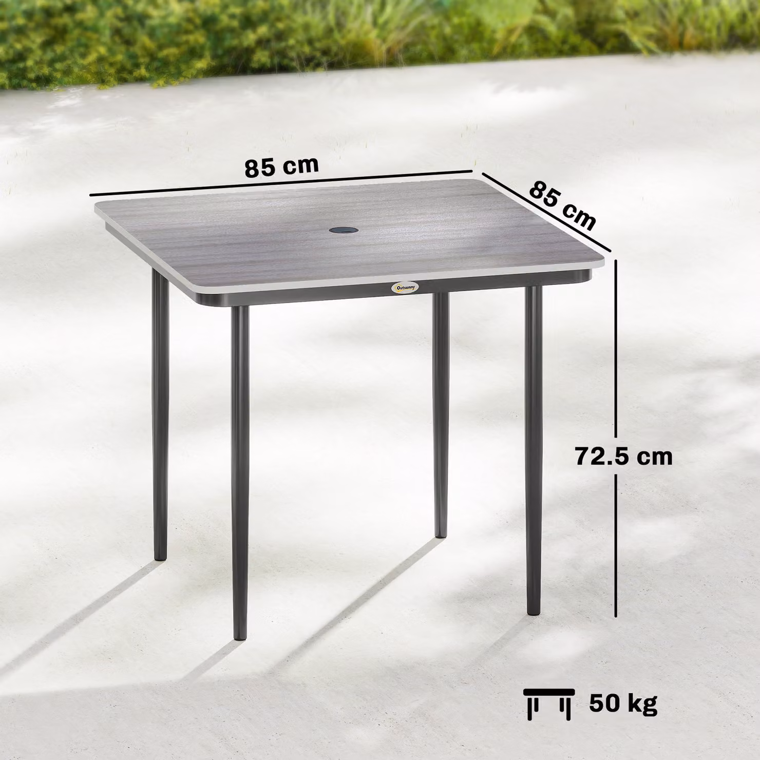 Outsunny Square Garden Dining Table for 4 with Umbrella Hole, Light Grey Faux Wood Top and Metal Legs, W: 85 cm x D: 85 cm x H: 75 cm – 3