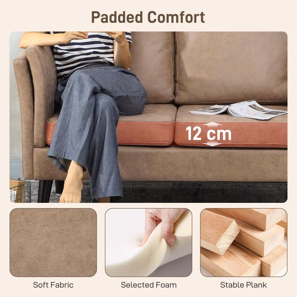 STILVORA 2 Seater Upholstered Sofa in Brown with Rubberwood Legs – 4