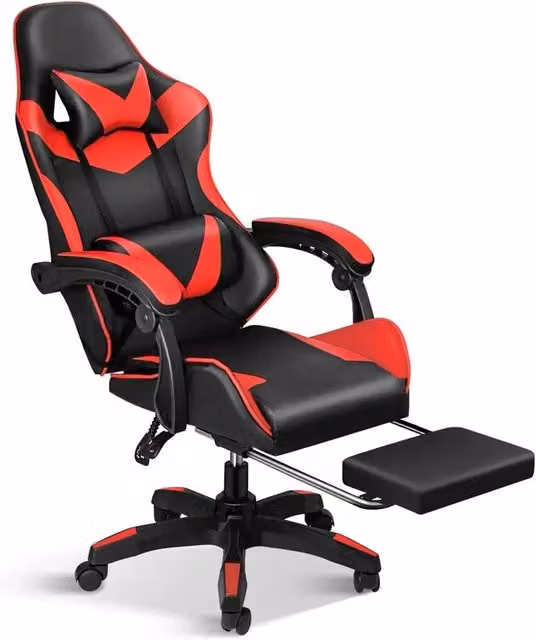 FORGEVIO Gaming Massage Chair in Red and Black with Footrest and Headrest – 1