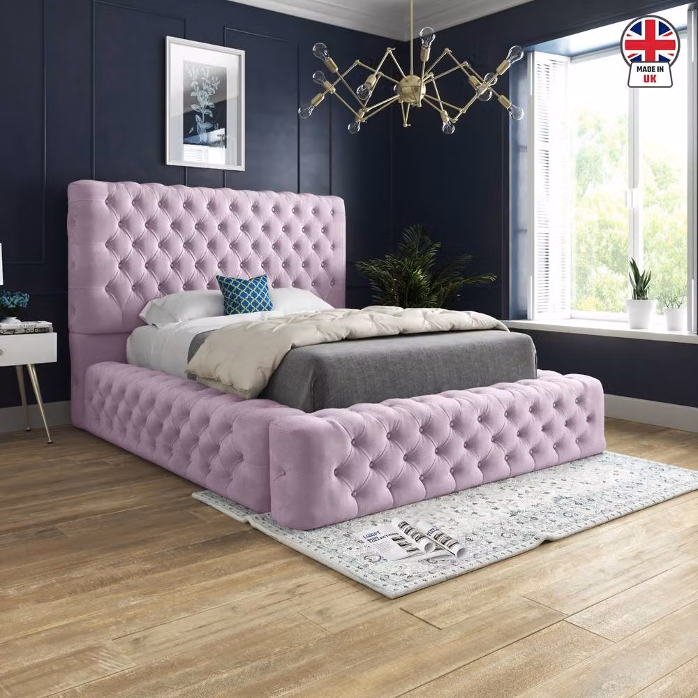 KDMD Littleton Pink Velvet Pleated Upholstered Chesterfield Bed Frame, W/D/H: 180 x 137 x 201 cm – 3
