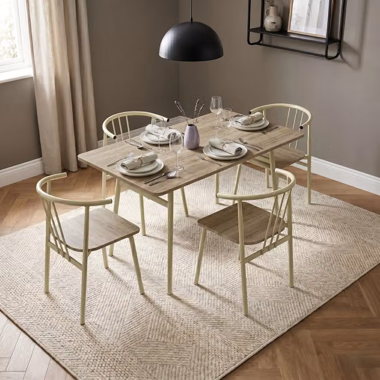 DHS Torvi Industrial 4 Seater Dining Table and Chairs Set in Brown and Green